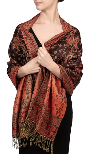 Achillea Reversible Paisley Pashmina Rave Scarf – Exotic Indian Shawls and Wraps for Evening Dresses, Festivals, All Seasons - color: Black Red