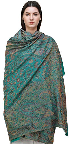 Exotic India Reversible Jamawar Shawl with Woven Paisleys - Wool - color: Proud Peacock