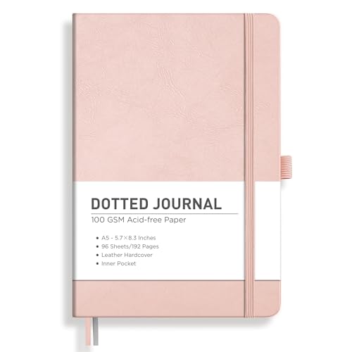 RETTACY Dotted Journal Notebook, 192 Pages, A5 Medium Size (5.7'' x 8.3''), Leather Hardcover, 100 GSM Thick Paper, for Journaling, Planning, Tracking (Rose Gold) - color: Rose Gold, style: Dotted