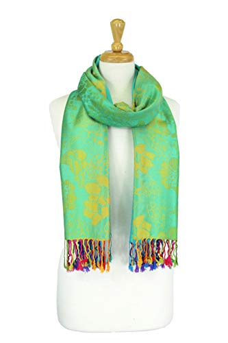 PASKMLNA Double Side Multi Colors Silky Tropical Colorful Exotic Pashmina Wrap Shawl Scarf Rave - color: 051-green Multi Feathers