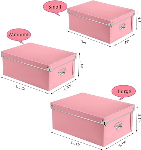 XUCHUN File Storage Boxes, Foldable Storage Bins with Lid 3 in 1 Set, Press-Stud Fastening, Moisture-Proof, Space Saving Storage, Photoes, Files, Closets - color: Pink