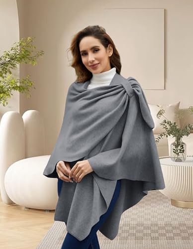 PULI Womens Large Cross Front Poncho Sweater Wrap Topper Knitted Elegant Shawls Cape for Fall Winter - color: 1-slate Gray