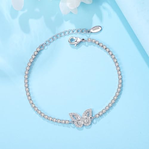 925 Sterling Silver Bracelet for Women,Silver Bracelet Chain Presents for Sister Daughter and Friend, Women's Jewelry for the Daily Occasion - color: Silvery | Tennis Chain Butterfly