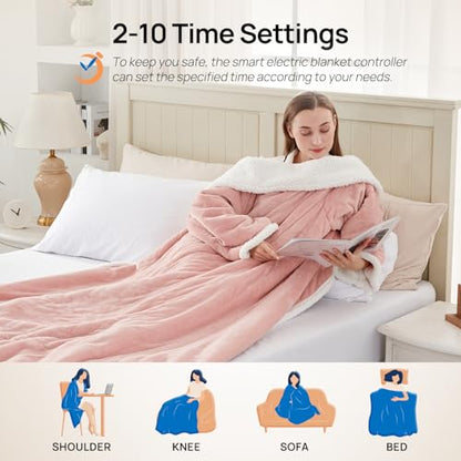 Westinghouse Electric Snuggle Throw Blankets with Foot Pocket, Wearable Heated Blanket with Sleeves, 6 Heating Levels & 2 to 10 Hours Heating Time Settings, 50 * 70"+18", Pink - color: Pink&ivory, size: 70*50" Heated Snuggle Blanket