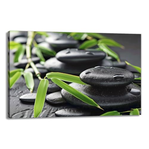 GLOKAKA Zen Black Stone Green Bamboo Wall Art Minimalist Asian-Inspired Painting Print Serene Nature Decor for Living Room Bedroom Office Meditation Space(Artwork-3,28"x42")
