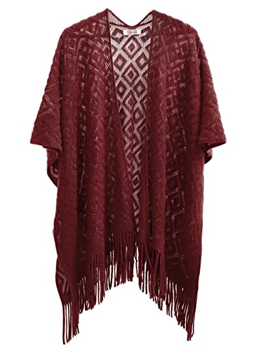 Soul Young Knit Shawl Wrap for Women Ladies Fringe Poncho Blanket Cardigan Cape - color: Z Rhombus Burgundy