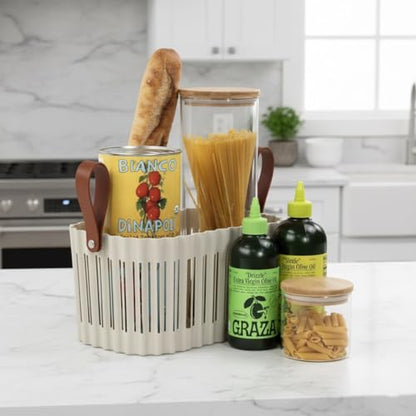 Medium Plastic Storage Basket with Soft Handles – Tan & Brown Decorative Bin for Bathroom, Dorm, or Desk – Rectangular Organizer Basket, 5.3L
