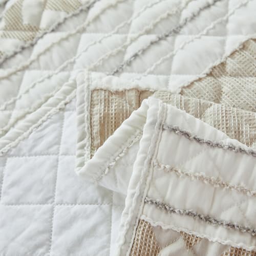 Brandream Cotton Quilted Throw Blanket – Lightweight Striped Design for All-Season Use Cozy Beige and White Throw for Sofa, Chair, or Bed
