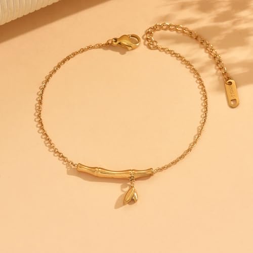 18K Gold Plated Hand Chain Bracelets for Women, Dainty Cubic Zirconia, Heart, Beads, Bamboo Link Charm Bracelet, Trendy Adjustable Finger Ring Bracelet, Hand Chain Jewelry, Christmas Gifts - style: Bamboo