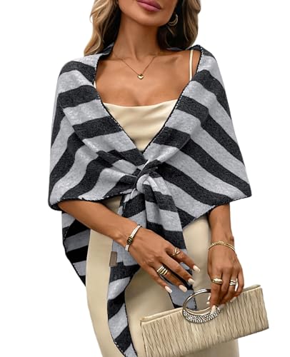 Womens Knitted Shawl Wraps Casual Solid Color Cape Scarf Comfortable Triangle Pashmina Shoulder Sweater - color: Stripes Gray