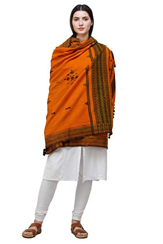 Exotic India Shawl from Kutch with Embroidered Bootis and Mirrors - Wool - color: Orange Ochre