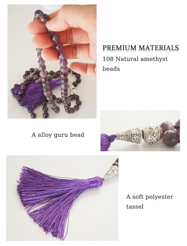 Mala Beads 108 Handmade Necklace,Natural Indian Agate Turquoise Amethyst with Alloy Guru Bead and Tassel,43.2 Inches for Prayer,Meditation,Yoga - color: Amethyst