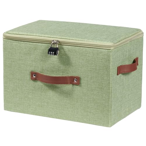 Storage Bins Boxes with Zipper Lid Combination Lock PU Leather Handles Cotton Linen Fabric Lidded Lockable Baskets Foldable Washable Closet Shelf Organizer Container (Light Green, Large) - color: Light Green, size: Large ( Set of 1 )