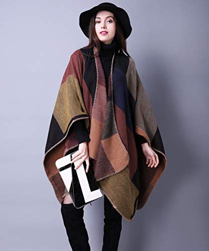 Women's Shawls and Wraps Open Front Poncho Cape Winter Sweater - color: A2-khaki