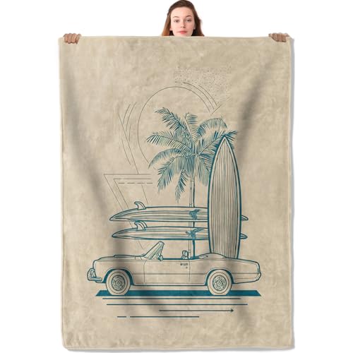 Summer Surfing Flannel Blanket Car Surfboard and Palm Tree Design Warm Lightweight Throw Blankets for Sofa Picnic Travel and Gathering Decorate All Season Use Ocean Lovers Gifts 40x50in - color: Surfing, size: 40x50 Inch