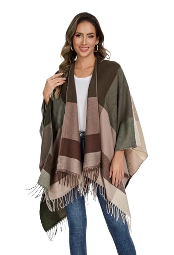 Shawl Wraps for Women, Elegant Knitted Cape Open Front Poncho Scarf Blanket Cardigan Coat for Spring, Autumn, and Winter - color: Green Beige