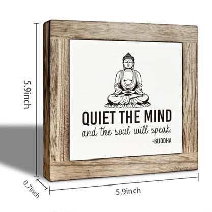 Yoga Room Meditation Room Decor, Quiet The Mind And The Soul Will Speak Sign, Zen Decoration for Home Tabletop, Motivational Decor, Farmhouse Meditation Wooden Plaque 5.9 x 5.9 Inches