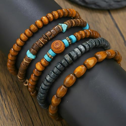 Puka Shell Bracelet for Men Wooden Bracelets Turquoise Stack Beaded Minimalist Trendy Jewelry for Friend Gift - style: 5pcs-Blue Brown