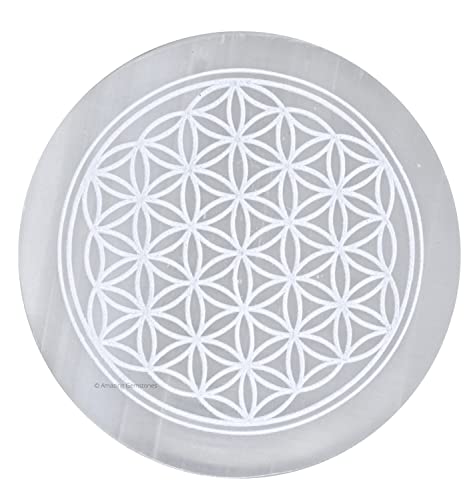 Amazing Gemstone Selenite Crystal Charging Plate For Crystals And Healing Stones, 3" Selenite Crystal Plate Engraved Flower of Life Coaster For Home, Office Table Decor (Selenite Round Disc) - color: Flower of Life