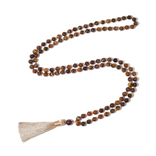 8mm Natural Stone 108 Mala Beads Necklace for Men and Women - color: Brown Tiger Eye