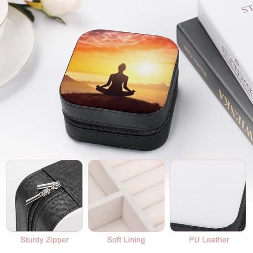 Portable Travel Jewelry Case Yoga Meditation Printed Small Trinket Box PU Leather Mini Earrings Storage Holder Rings Organizer for Women Necklace Bracelets
