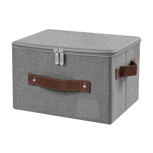 ANMINY Storage Bins with Zipper Lid Storage Boxes with Label Holder PU Leather Handles Washable Foldable Decorative Lidded Cotton Linen Fabric Cubes Baskets Closet Organizer - Gray, Small