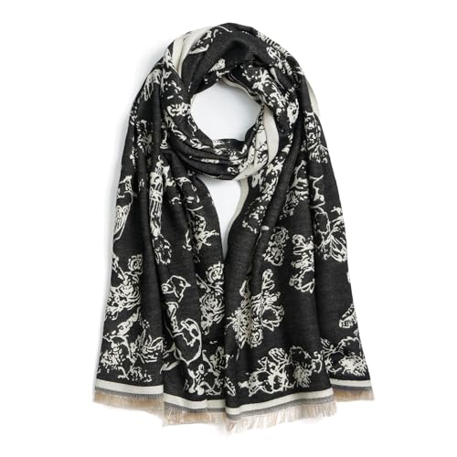 QIUTIMIY Pashmina Shawl Wraps for Womens Winter Scarf Reversible Pattern Designer Ladies Shawls and Wraps for Evening Dresses - color: Flower8-black