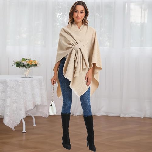 Women Large Shawl Wraps Soft Warm Copy Pashmina Shawl Lightweight Travel Knitted Scarf With Front Cross Tab - color: Beige