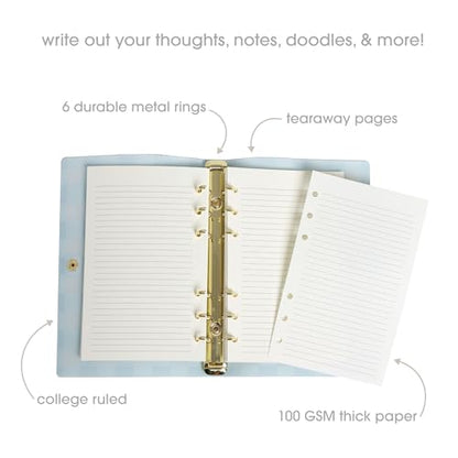 Pearhead Blue Gingham 5x7 Binder Journal with Snap Closure – 1 Inch Round Ring 6 Ring Refillable Notebook – 100 Lined College Ruled Pages, Thick 100 GSM Paper – Small PVC Planner Organizer, Journal Gift For Women - color: Blue Gingham Spiral Journal