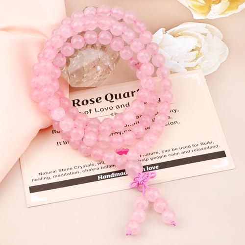 AD Beads 6mm 8mm 108 Prayer Mala Jasper Elastic Bracelet - Handmade Yoga Meditation Healing Power Energy Gifts for Unisex Adult. - color: Rose Quartz (Courage)