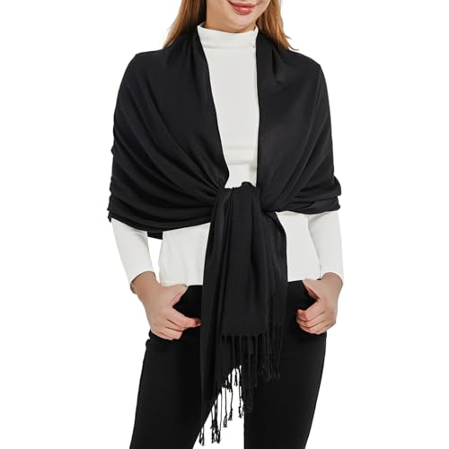 Soft Silky Pashmina Shawl Wraps Solid Colors Scarf for Wedding Evening Dresses - color: B-black