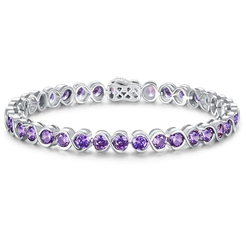 Birthstone Bracelets for Women, Sterling Silver 7 Inch Infinity Tennis Bracelet, Wedding Anniversary Birthday Jewelry Gifts for Women Wife Girlfriend Mom Her - color: 02-Feb-Amethyst