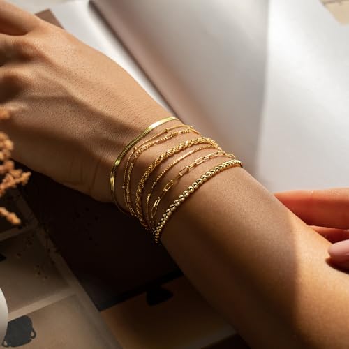 M MOOHAM 7PCS Gold Bracelets for Women - 14K Real Gold Plated Beaded Bracelets Set Rope Paperclip Chain Stackable Bracelet Non Tarnish, Friendship Birthday Jewelry Gifts for Women Teen Girls