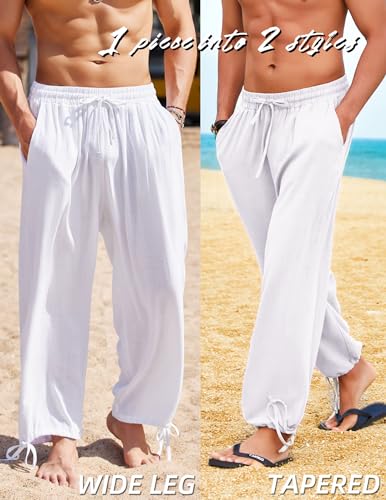 COOFANDY Men's Cotton Linen Pants Casual Harem Pants Elastic Waist Beach Boho Yoga Trousers - color: 1-white, size: Large