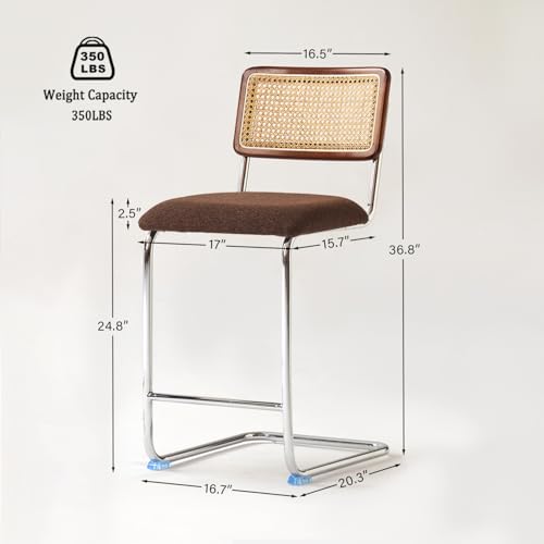 Natural Rattan Counter Height Stools Set of 2 with Solid Wood Back, 24 Inch Mid Century Modern Cesca Bar Stools, Brown Upholstery Boho Stool for Kitchen Counter with Chrome Metal Legs - color: Brown, size: 2PCS-24'' Counter Height Stool