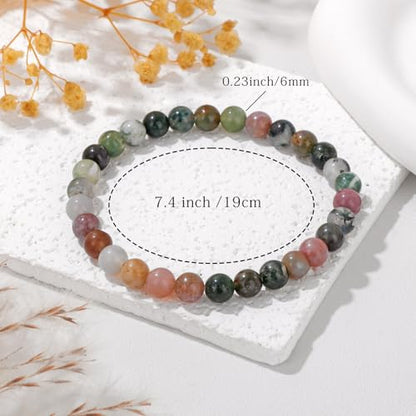 Crystal Beaded Bracelets for Women 4mm Clear Quartz Bead Handmade Gemstone Stretch Elastic Bracelet Natural Stone Crystal Healing Reiki Spiritual Jewelry Gifts - color: India Agate, size: 6mm