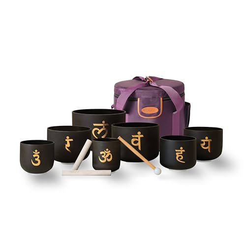 TOPFUND 6-12 inch Chakra Set of 7 Golden Sanskrit Black Crystal Singing Bowls with Heavy Duty Carrying Case and Singing Bowl Mallets - color: Set of 7 Sanskrit Black, size: 6-12 inch