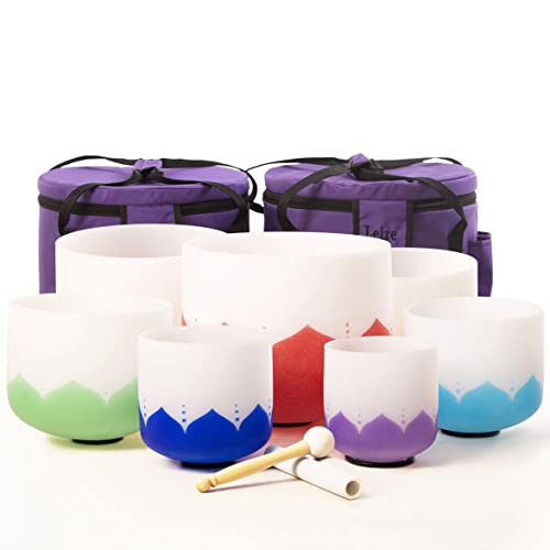 Leize 6-12 inch Lotus Design Chakra Tuned 432hz Set of 7 Quartz Crystal Singing Bowls with Heavy Duty Carrying Cases and Singing Bowl Mallet Suede Strikers - color: lotus design, size: Set of 7, 6-12", A-G Note, 432 hz