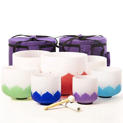 Leize 6-12 inch Lotus Design Chakra Tuned 432hz Set of 7 Quartz Crystal Singing Bowls with Heavy Duty Carrying Cases and Singing Bowl Mallet Suede Strikers - color: lotus design, size: Set of 7, 6-12", A-G Note, 432 hz