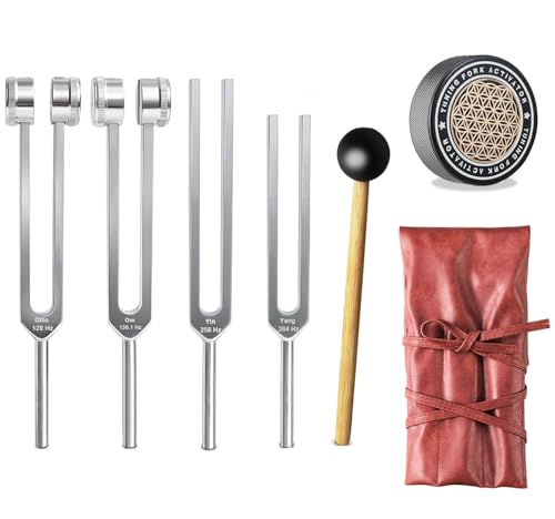 Tuning Fork Set 128Hz,136.1Hz,256Hz,384Hz with Activator Generates Weighted and Unweighted Sounds for Chakra Balancing,Yoga,Meditation and Relaxation