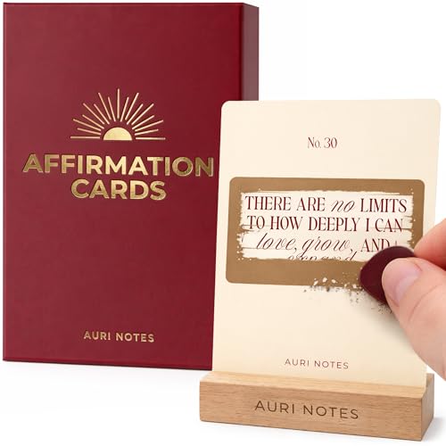 Positive Affirmation Cards for Women, Scratch-Off Daily Affirmation Cards 4x5 Inch — 52 Unique Uplifting Messages with Premium Gift Box and Wooden Stand — Thoughtful Self-Care Gift for Friend, Mom