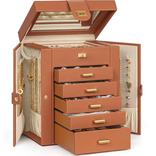 AKOZLIN Jewelry Box Organizer Functional Leather Jewelry Storage Case for Women Girls Ring Necklace Earring Bracelet Holder Organizer with Mirror - color: Orange, size: Regular