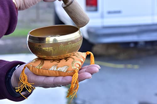 3.75" Tibetan Meditation Yoga Singing Bowl Green Set with free Wooden Mallet and Silk Cushion from Nepal, Singing bowls. (Orange) - color: Orange