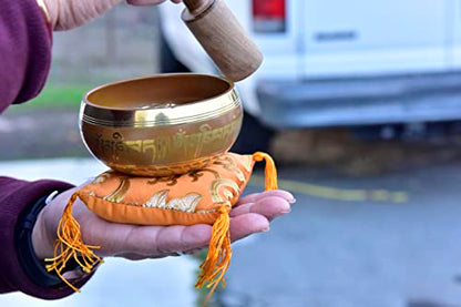 3.75" Tibetan Meditation Yoga Singing Bowl Green Set with free Wooden Mallet and Silk Cushion from Nepal, Singing bowls. (Orange) - color: Orange