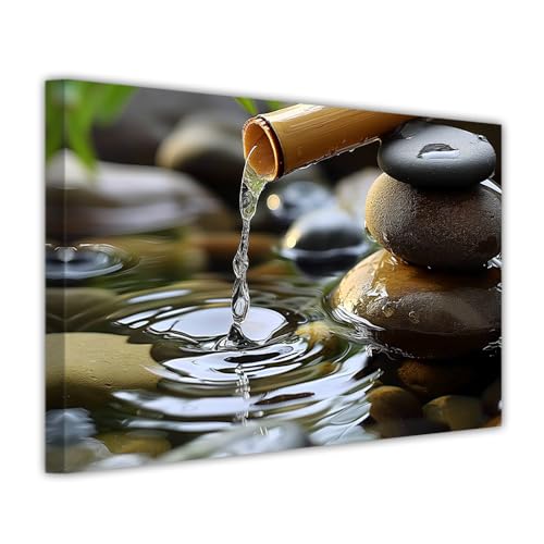 ZHOUWALLPIC Zen Stone Canvas Wall Art Bamboo Stone Picture Prints Nature Fountain Paintings for Meditation Room Decor Framed(Zen-2,24.00" x 36.00") - color: Zen-2, size: 24L" x 36W"
