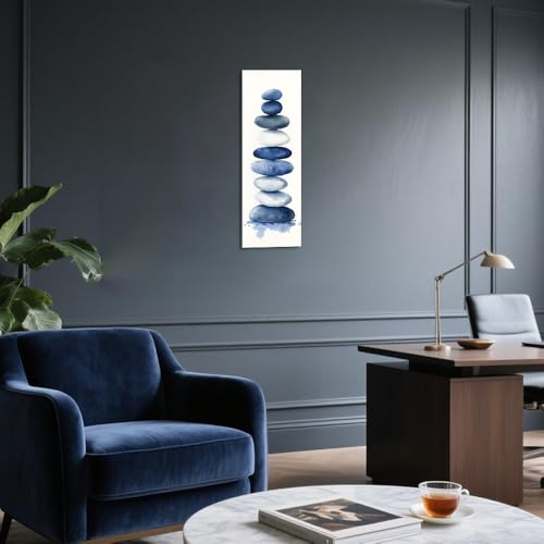 ZQQART Zen Stone Canvas Wall Art Blue and White Zen Stone Paintings Bathroom Pictures Relaxing Spa Meditation Room Spiritual Artwork for Living Room Framed (8W x24L) - size: 8W"x24L"
