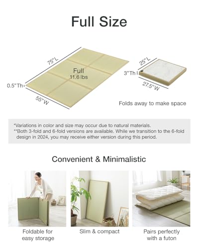 FULI Japanese Tatami Mattress, Foldable Igusa Rush Grass Tatami Rug, Natural Japanese Floor Mattress Mat Made in Japan, Full - size: Full (75"L x 55"W x 0.5"Th), style: Foldable Mat