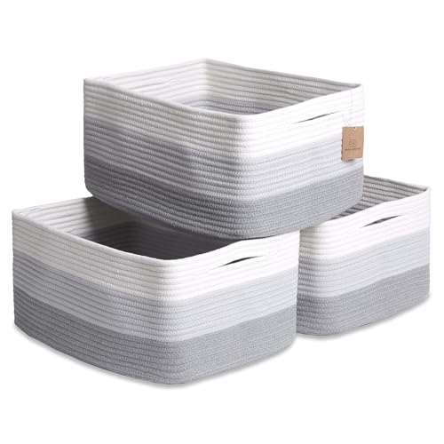 NaturalCozy Storage Baskets 16.8”x13”x7.6” Cotton Rope Woven Baskets for Organizing 3-Pack | Toy Storage Bins | Basket for Shelves, Laundry, Blanket, Clothes, Closet, Kitchen, Bathroom, Gifts - color: 3-Tone Gray