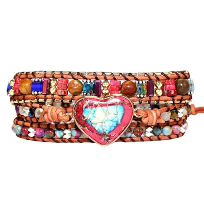 Handmade Boho Wrap Bracelets Natural Turquoise Crystal Stone Variety Beaded Strand Bracelet - color: Red Heart