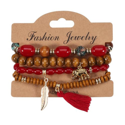 Caiyao 4Pcs Bohemia Multilayer Stackable Elephant Leaf Tassel Bracelets Colorful Wooden Resin Beaded Stretch Bracelets for Women Men Summer Beach Boho Vacation Hawaii Jewelry Gifts - style: StyleF